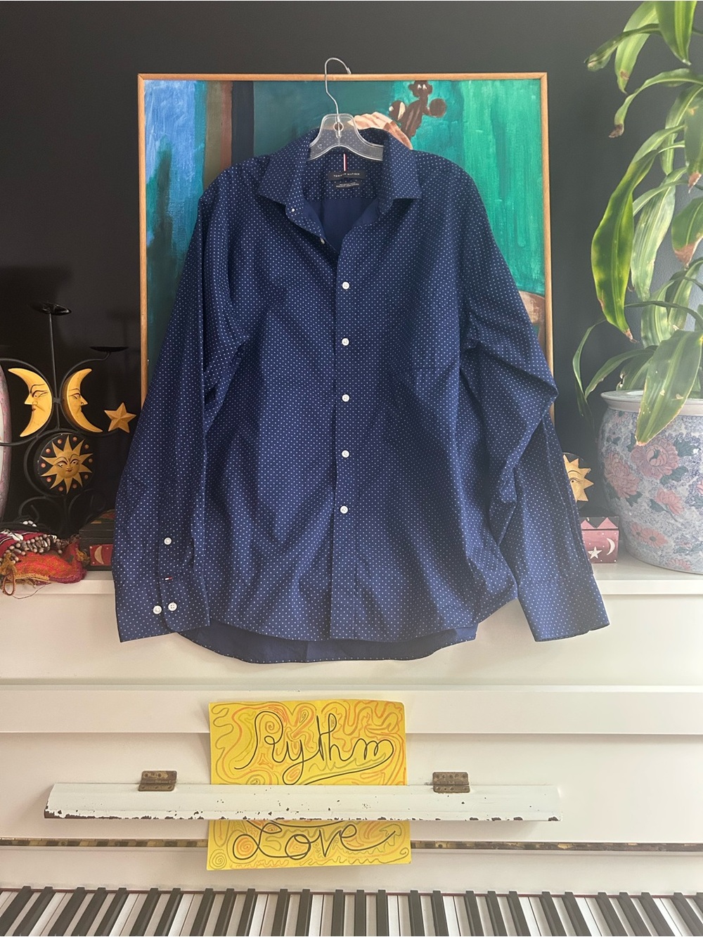 Tommy Hilfiger Navy Blue Micro Print Long Sleeve Button-Up Shirt XL 17